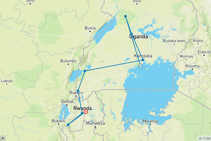 Map of 8 Days Uganda & Rwanda Gorilla Trekking & Wildlife Tour