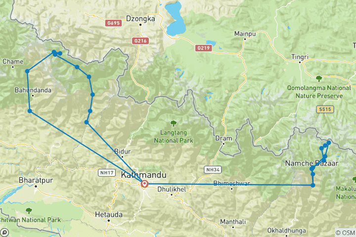 Mapa de Excursión al campamento base del Everest y circuito del Manaslu