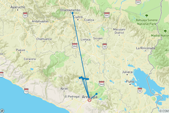 Map of 5 days Arequipa & Colca Canyon & Sillar Stone & Salinas Salt Lagoon