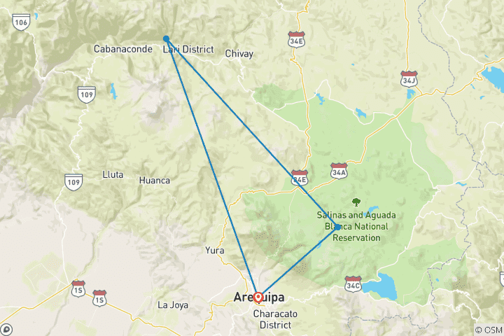 Map of 5 days Arequipa & Colca Canyon & Sillar Stone & Salinas Salt Lagoon