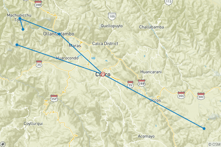Mapa de 5 días - Cusco y Machu Picchu y Montaña Arcoiris y lago Humantay