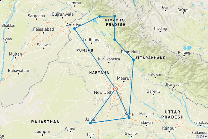 Carte du circuit Famille d'accueil indienne dans l'Himalaya, unique en son genre, avec Taj Mahal et le temple d'or.
