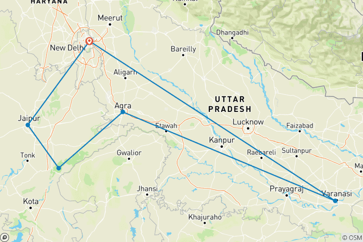 Karte von Goldenes Dreieck Rundreise mit Ranthambore & Varanasi Rundreise