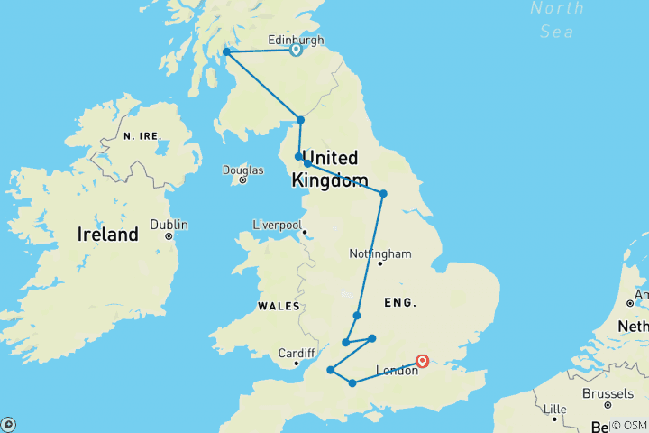 Carte du circuit Elégance de la Grande- Bretagne - petits groupes, départ d'Édimbourg, 12 jours