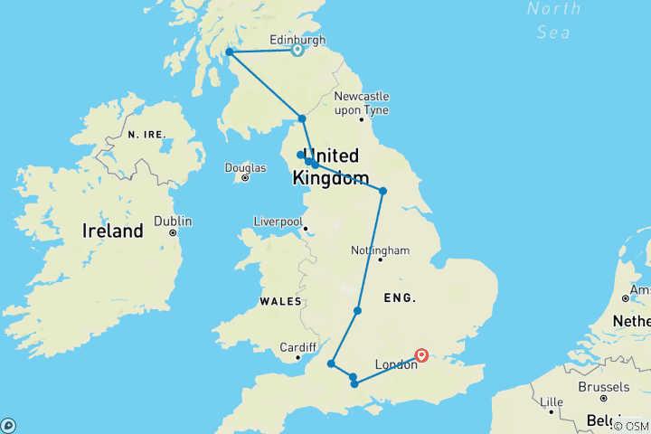 Carte du circuit Elegance of Great Britain (petits groupes, été, départ d'Édimbourg, 12 jours)