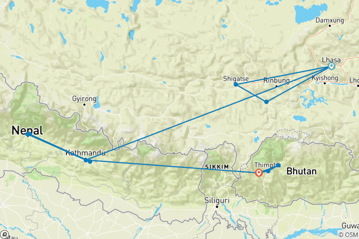 Map of 15-DAY ANCIENT CITIES TOUR IN TIBET, NEPAL, AND BHUTAN