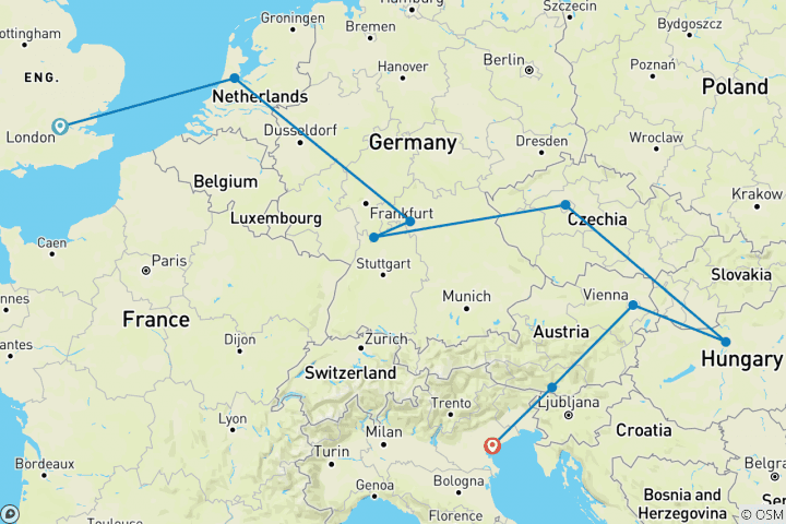 Carte du circuit Rhapsodie européenne - petits groupes, départ de Londres, 11 jours