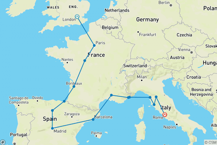 Map of Mediterranean Journey (Small Groups, Start London, 17 Days)