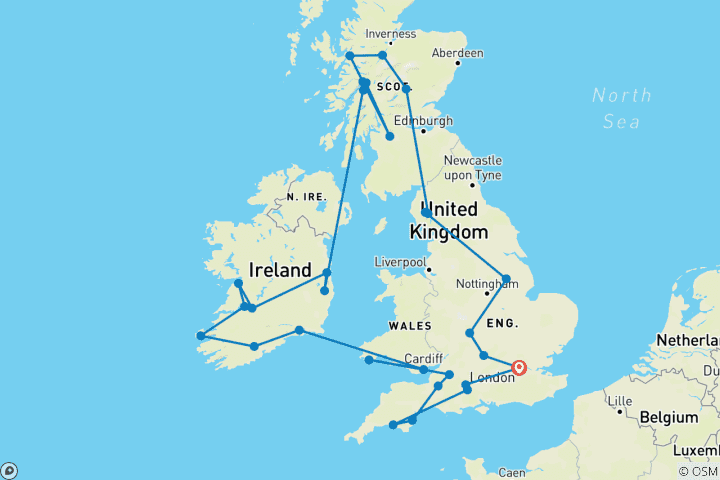 Carte du circuit La Grande-Bretagne et l'Irlande romantiques (petits groupes, été, 20 jours)
