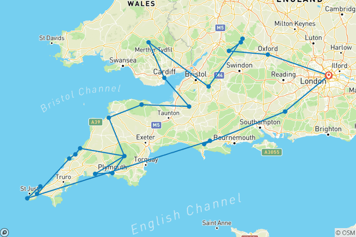 Karte von Landstraßen von Wales, Devon und Cornwall - Klassische Gruppenreise, 2021 (13 Tage)
