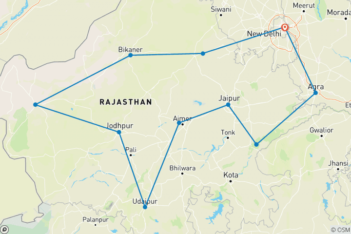 Map of Private 16 Day Golden Triangle with Royal Rajasthan tour by car