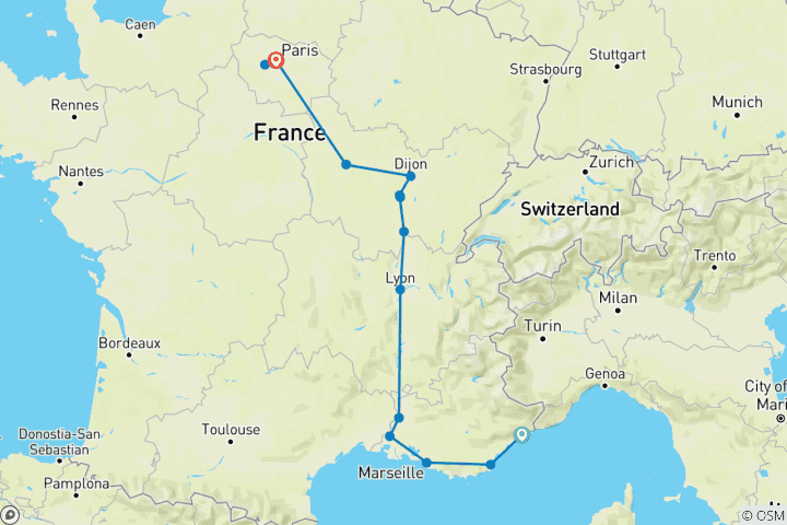 Map of Southern France Tour - Nice to Paris