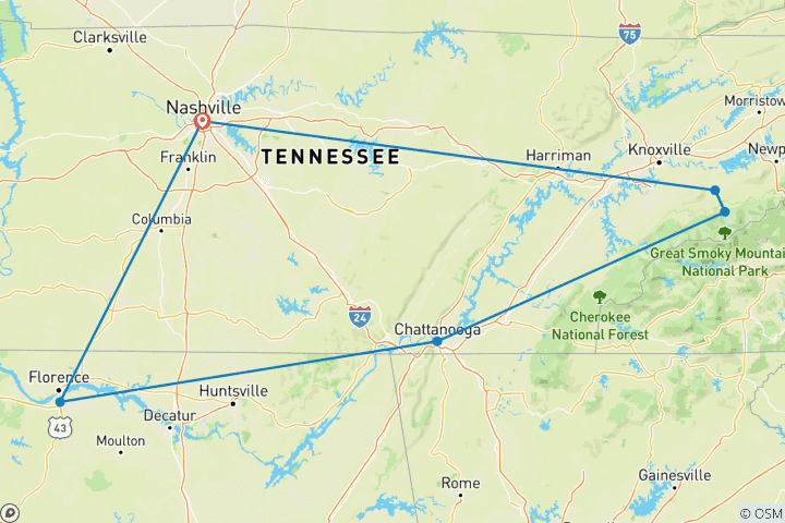 Map of Dollywood and Nashville Escorted Tour