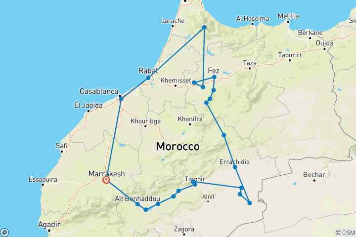 Carte du circuit Marrakech, le désert, Fès, Chefchaouen, Rabat, Casablanca et au-delà