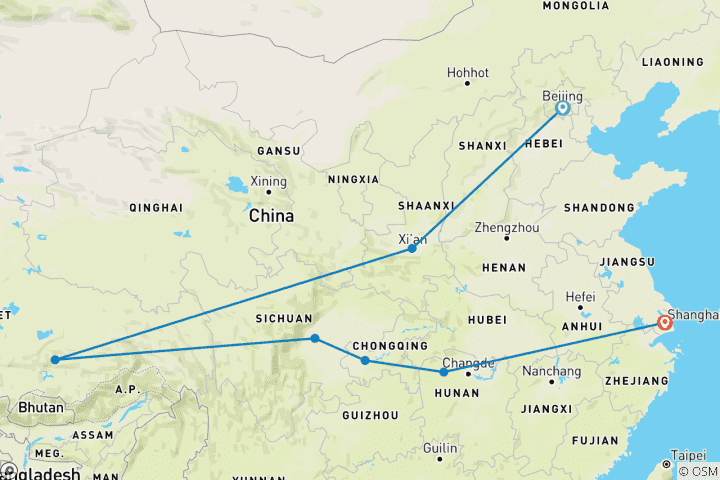 Map of Private Impression Tour 14D: Beijing, Xian, Lhasa, Chengdu, Chongqing, Zhangjiajie, Shanghai