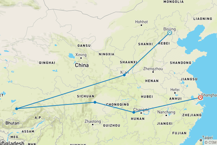 Carte du circuit Circuit privé Impression : Pékin, Xian, Lhassa, Chengdu, Zhangjiajie et Shanghai 14 jours