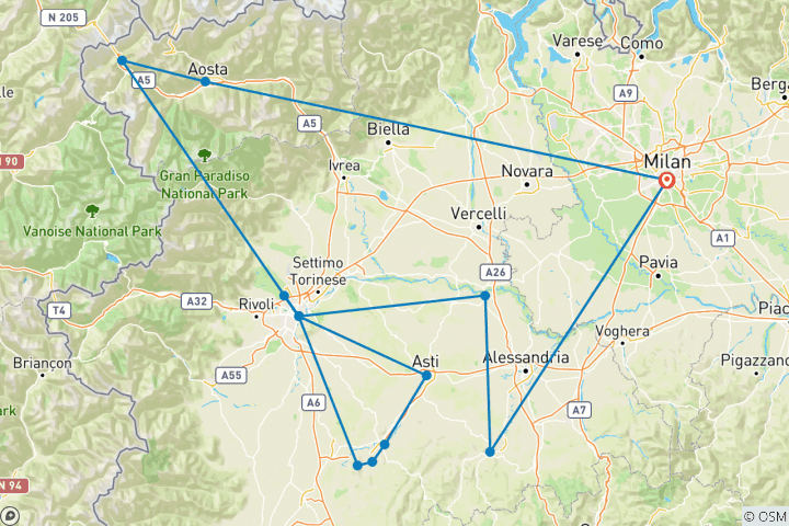 Map of 4 Days Piedmont Tour – from Milan