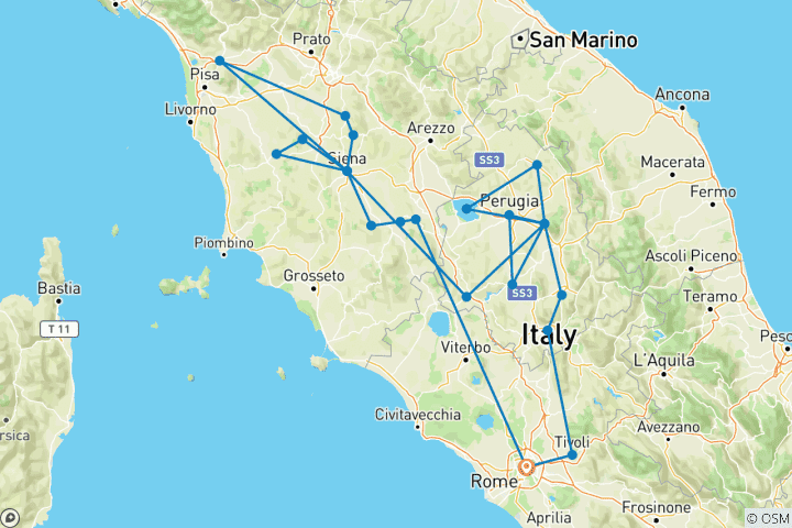 Kaart van 7-daagse rondreis door Umbrië en Toscane - vanuit Rome