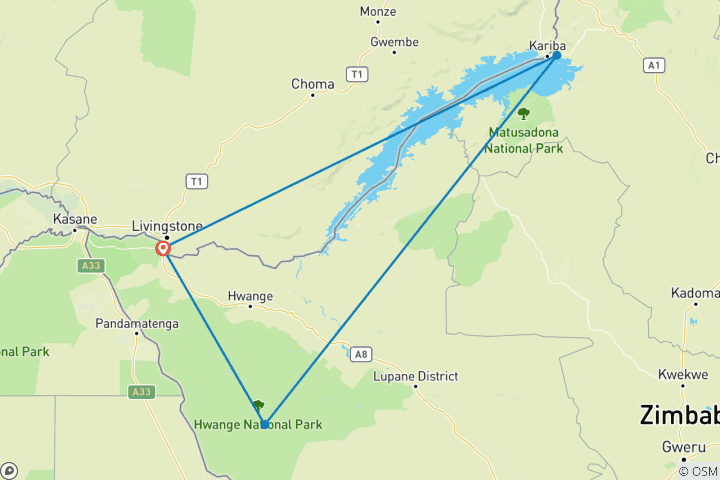 Map of 9 Days Victoria Falls, Hwange National Park & Kariba