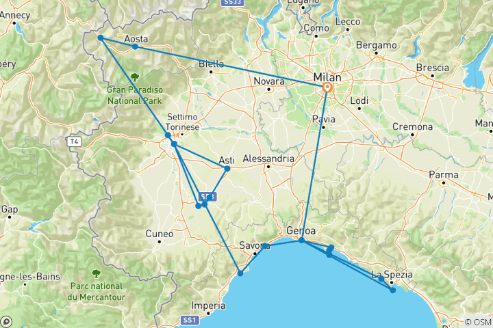 Carte du circuit Circuit de 7 jours sur la Riviera italienne et dans le Piémont - au départ de Milan