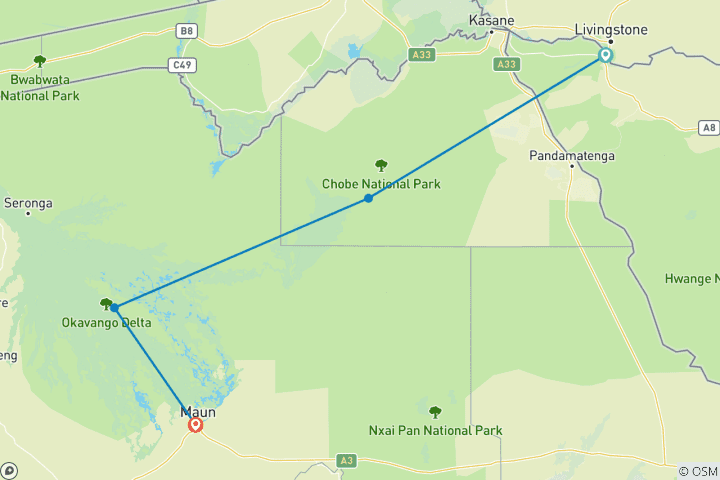 Carte du circuit 7 jours de safari à Chobe, Vic Falls et dans le delta de l'Okavango