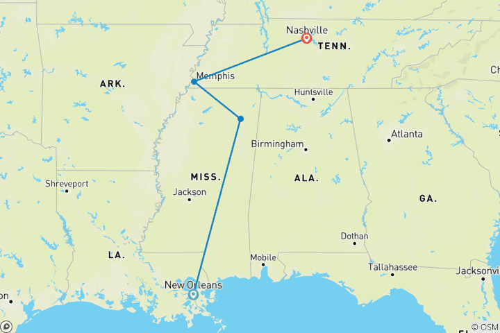 Map of Simply New Orleans to Nashville