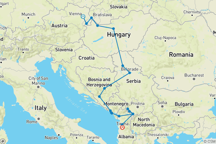 Karte von Kleingruppenreise; Mitteleuropa & der Balkan von Wien nach Tirana