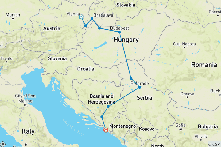 Map of Vienna to Dubrovnik or Split: Grand Tour of Central Europe & The Balkans