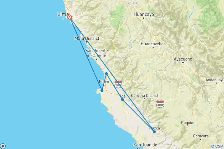 Map of 6 days - Lima - Huacachina including Nazca Lines