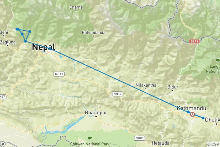 Carte du circuit Trek de Poon Hill autour de l'Annapurna Himalaya