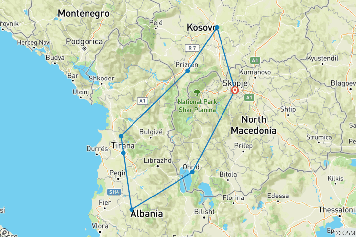 Carte du circuit Visite de l'Albanie, du Kosovo et de la Macédoine du Nord au départ de Skopje en quatre jours