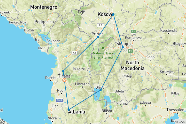 Karte von Nordmazedonien, Kosovo und Albanien Tour von Tirana in vier Tagen