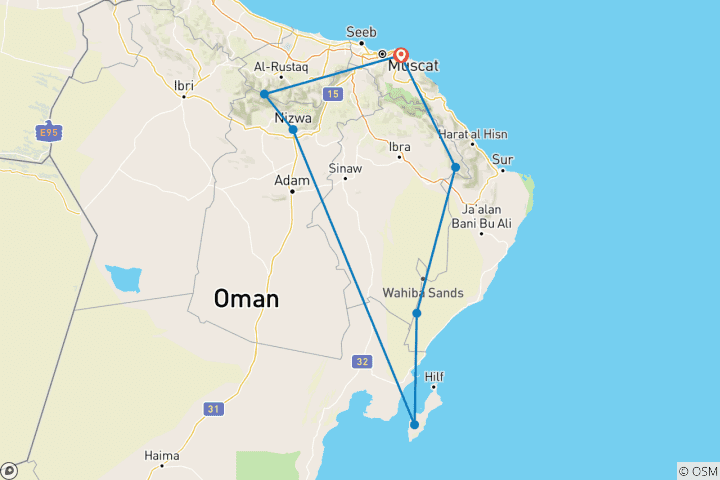 Carte du circuit TRAVERSÉE DU DÉSERT D'OMAN ET DE L'ÎLE DE MASIRAH