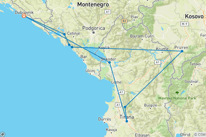 Kaart van Rondreis door Montenegro, Albanië & Kosovo in 5 dagen van/naar Dubrovnik