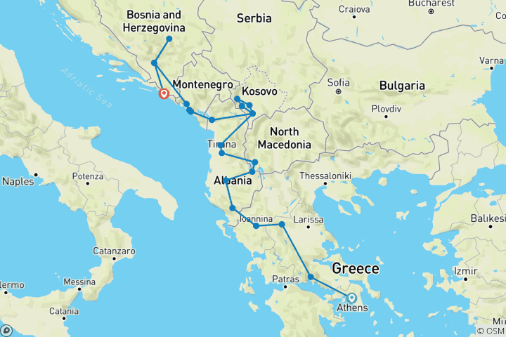 Map of Tour from Athens to Dubrovnik or Split: 7 Balkan countries in 14 days