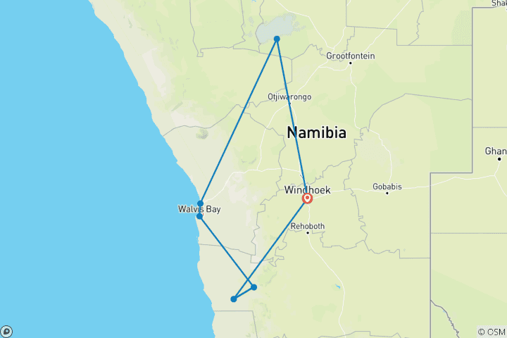 Map of 5 Days / 4 Nights Namibian Adventure (Comfort)