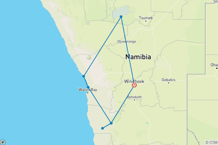 Carte du circuit Aventure de luxe en moto dans le Nambie. 9J/8N