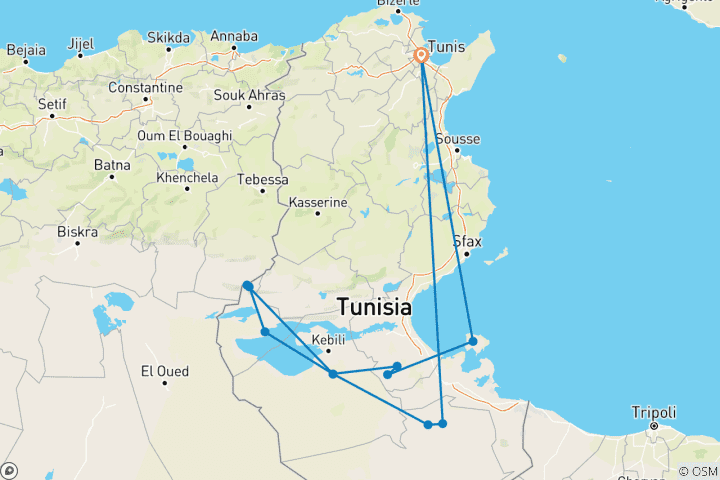 Map of The Wonders of Southern Tunisia Adventure 9Days/8Nights