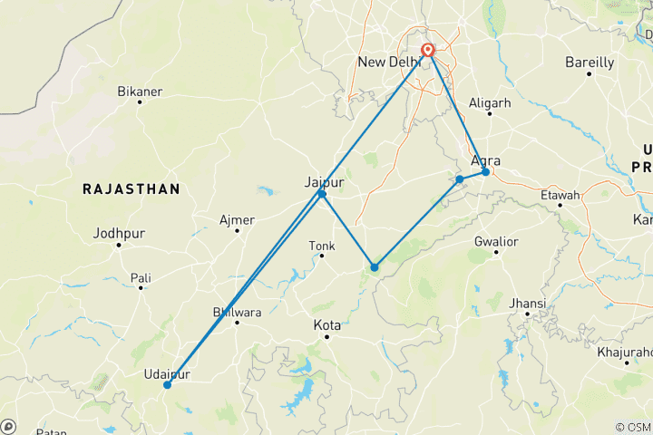 Carte du circuit Tigres, forts et palais du Rajasthan : - Un voyage de luxe sur mesure