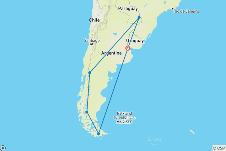 Mapa de Argentina combinada con cataratas, lagos y glaciares en 15 días