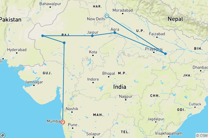 Map of India Northern Group Exploration 14D/13N