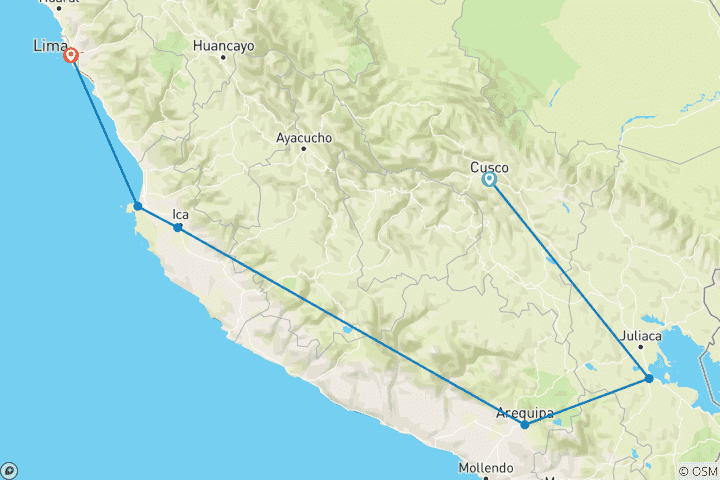 Mapa de Pase de viaje exprés de Cuzco a Lima