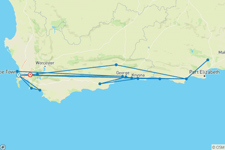 Carte du circuit Volontariat au Cap et sur la Route des jardins 14J/13N