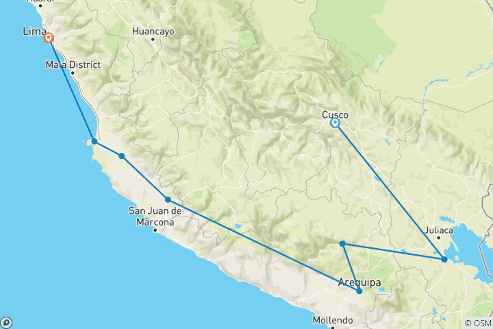 Mapa de Pase de viaje de Cuzco a Lima