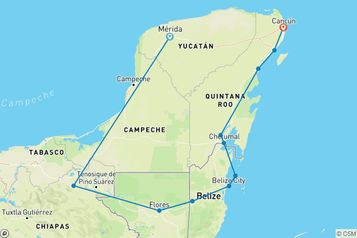 Mapa de Pase de viaje circuito México y Guatemala - desde Cancún