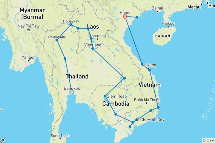 Map of Bangkok to Hanoi (via Laos & Cambodia) Travel Pass