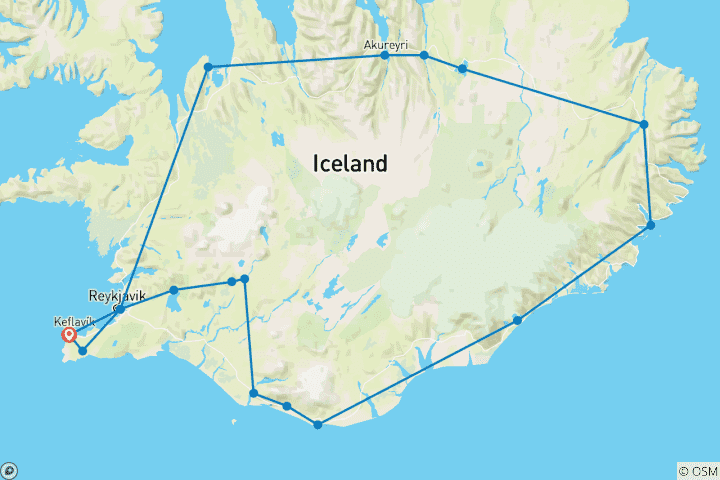 Carte du circuit 8 jours autour de l'Islande avec transfert aéroport aller- retour - circuit de groupe