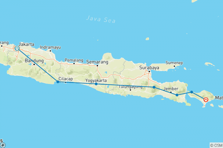 Map of Jakarta to Ubud (including Mount Bromo)