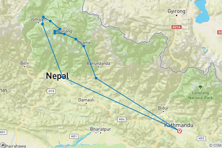 Map of Annapurna Circuit via Tilicho Lake Trek in Nepal