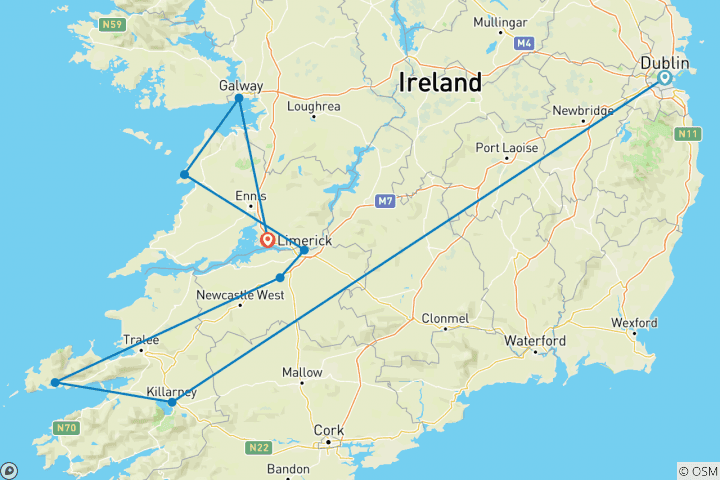 Map of Best of Ireland South (Tour B) - 7 Days/6 Nights